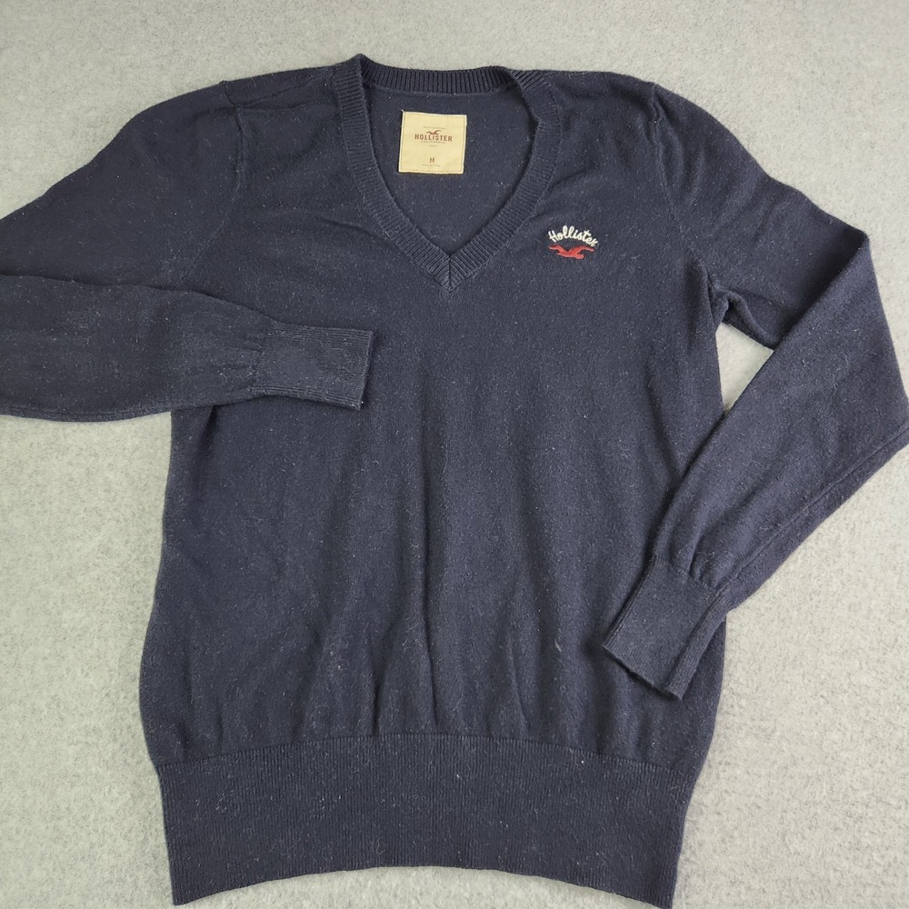 Hollister Sweater Womens Medium Navy Blue Knit Cotton Seagull Logo Preppy V-Neck